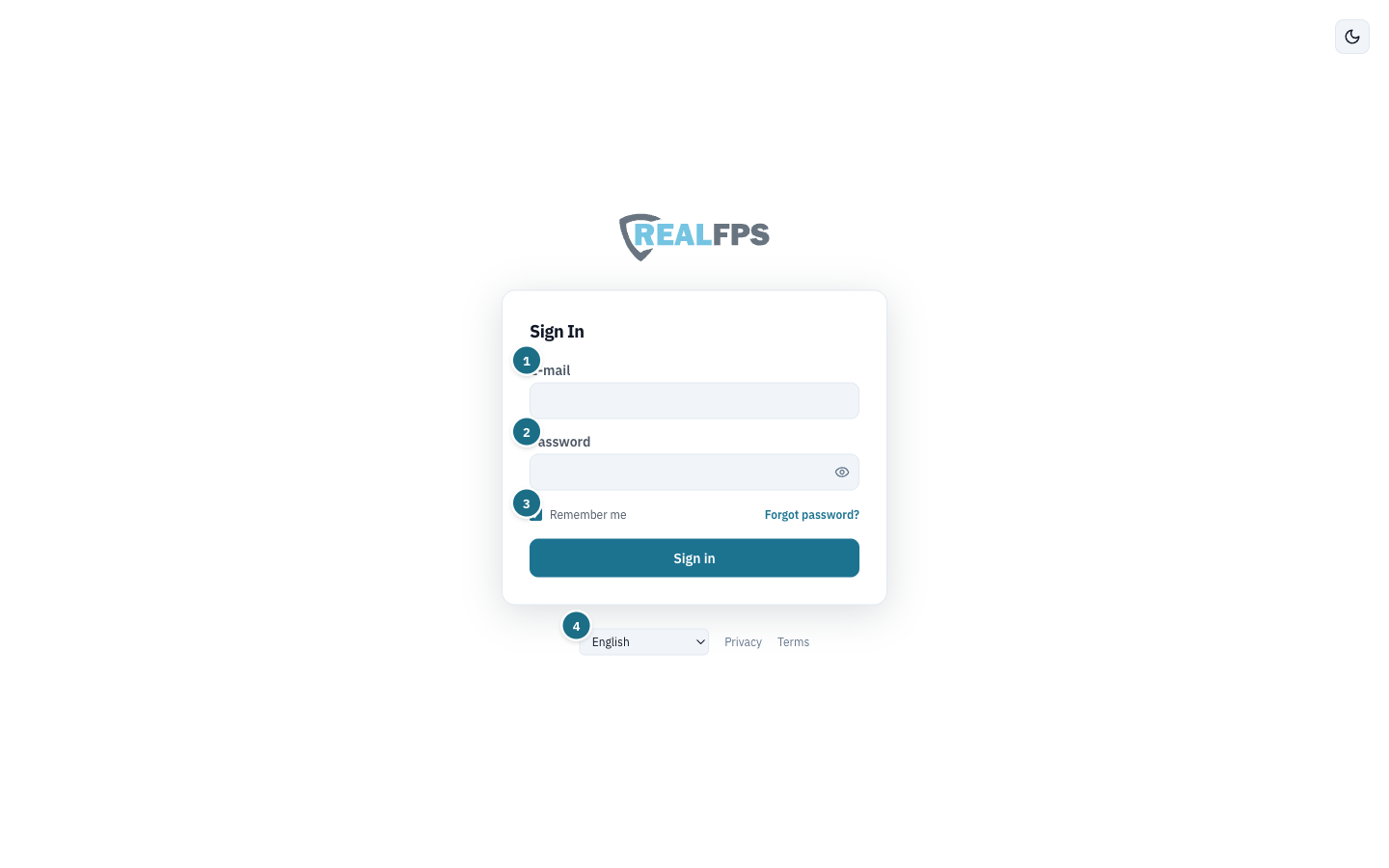 RealFPS sign-in screen with e-mail, password, remember me and language selector