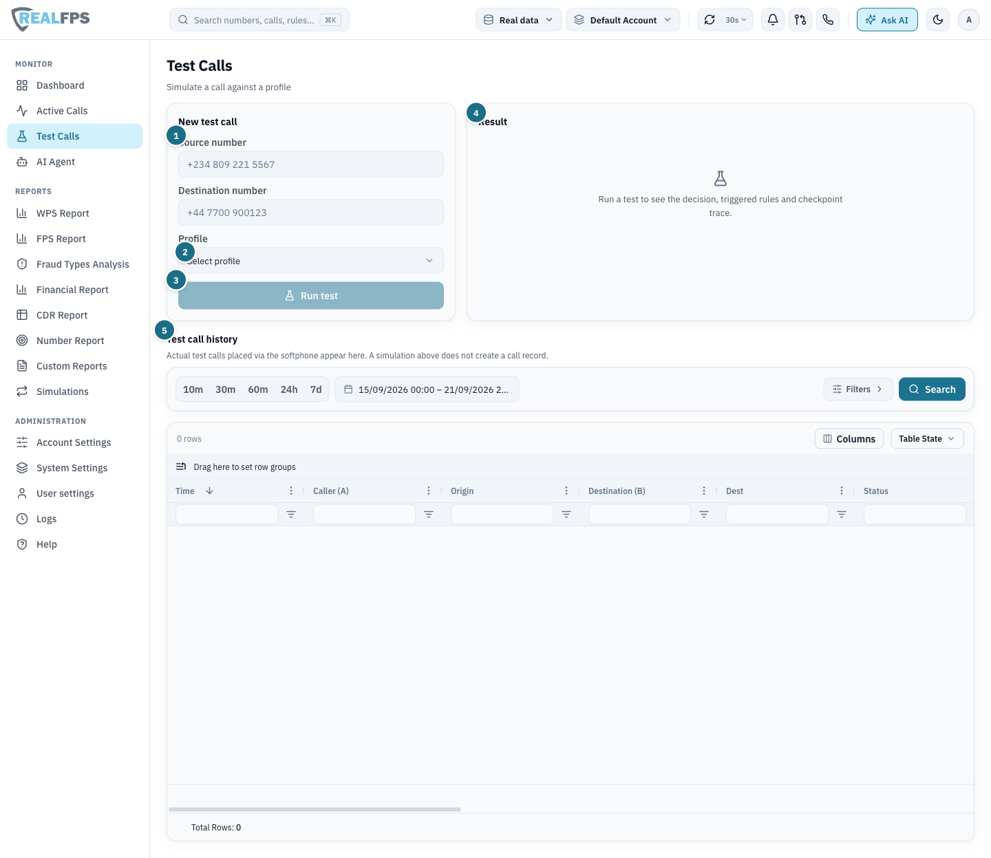 Test Calls screen with source, destination, profile selector, Run test button, result panel and test call history
