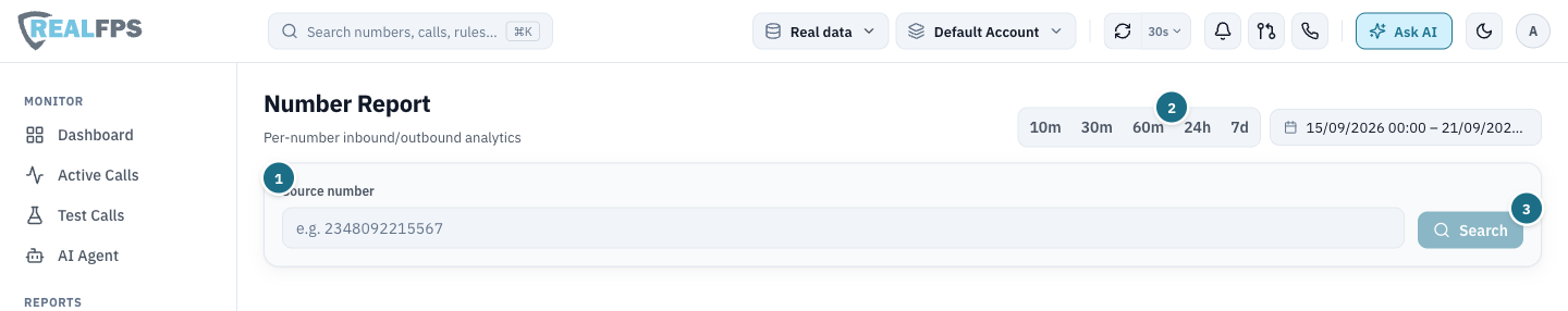 Number Report with a source number field and time range