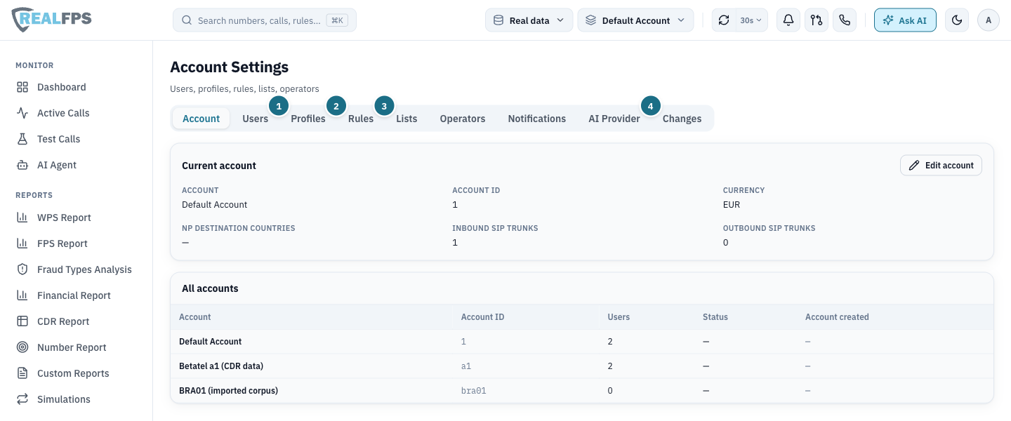 Account Settings with the Account tab selected and the list of accounts