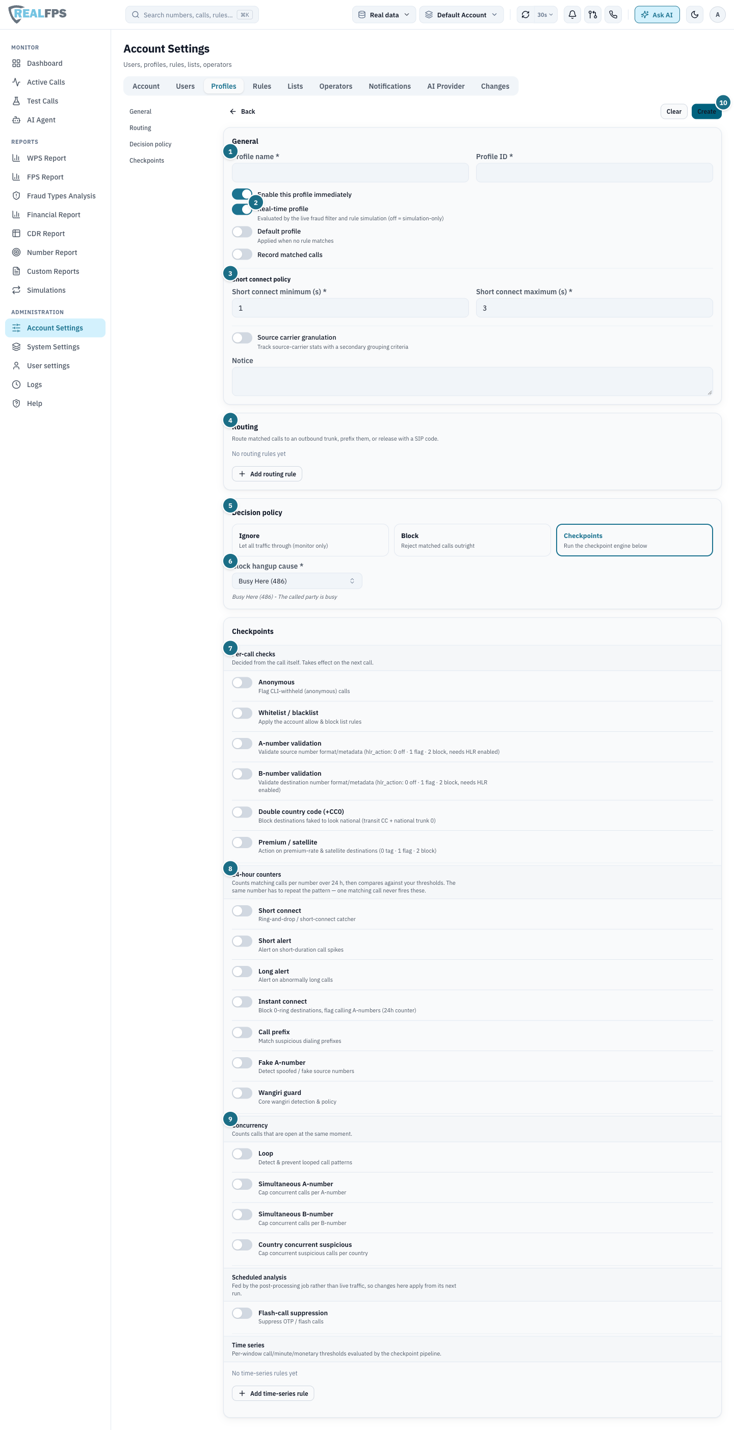 Add profile form with General, Routing, Decision policy and Checkpoints sections