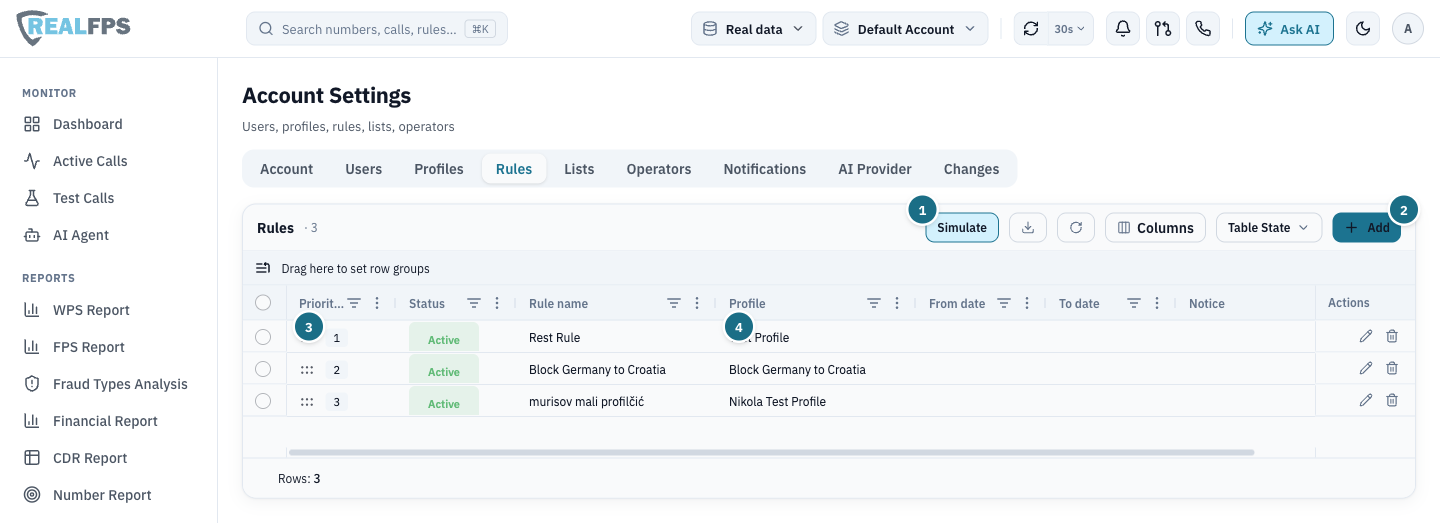 Rules tab listing three rules with priority, status, name, profile and dates, plus a Simulate button