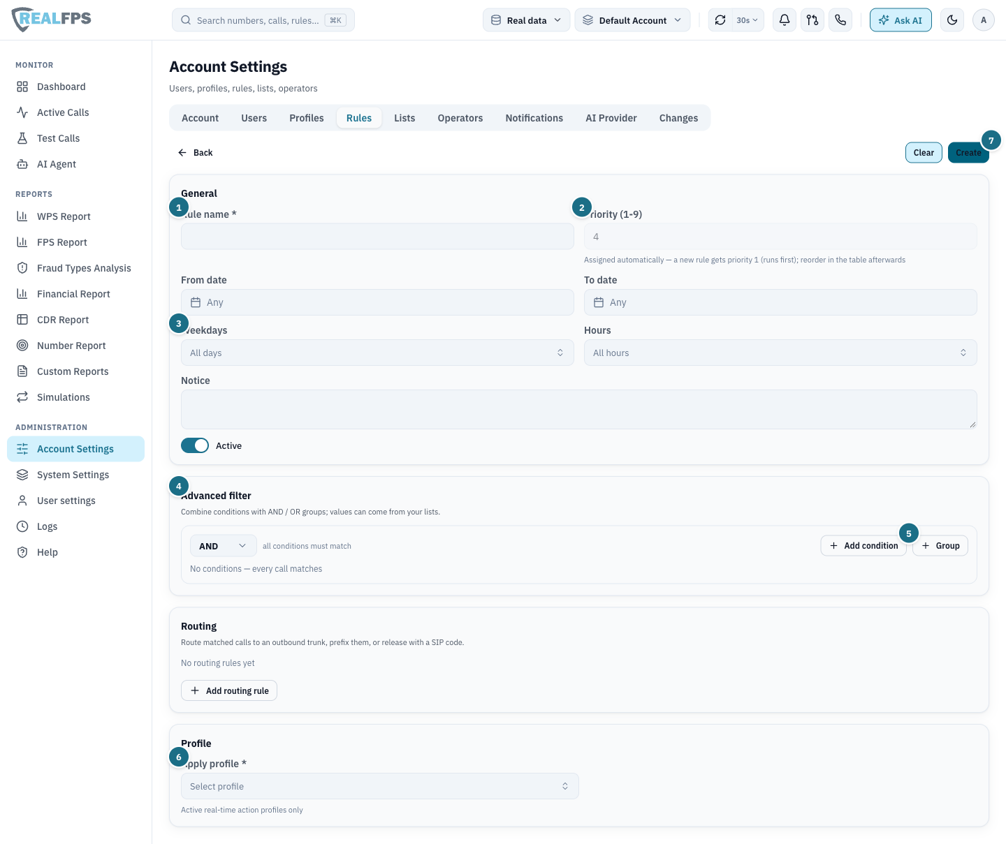 Add rule form with General, Advanced filter, Routing and Profile sections
