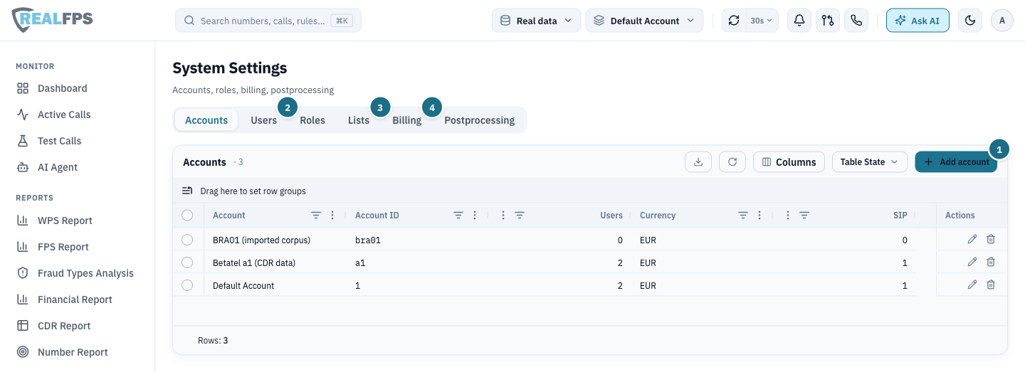 System Settings with Accounts tab listing three accounts with ID, users, currency and SIP