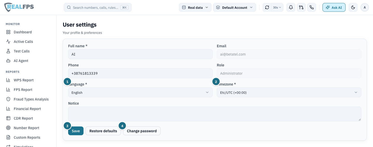 User settings form with name, e-mail, phone, role, language, timezone and notice