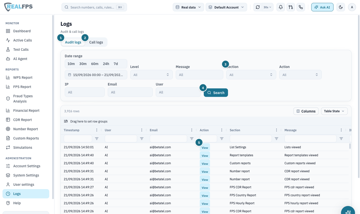 Logs screen with Audit logs tab, filter panel and a grid of timestamped user actions