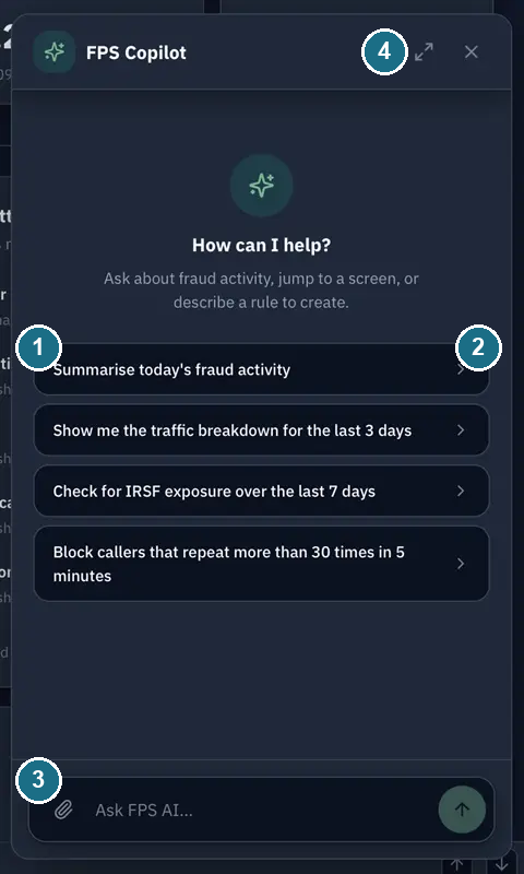 FPS Copilot panel with four suggested questions and the Ask FPS AI input
