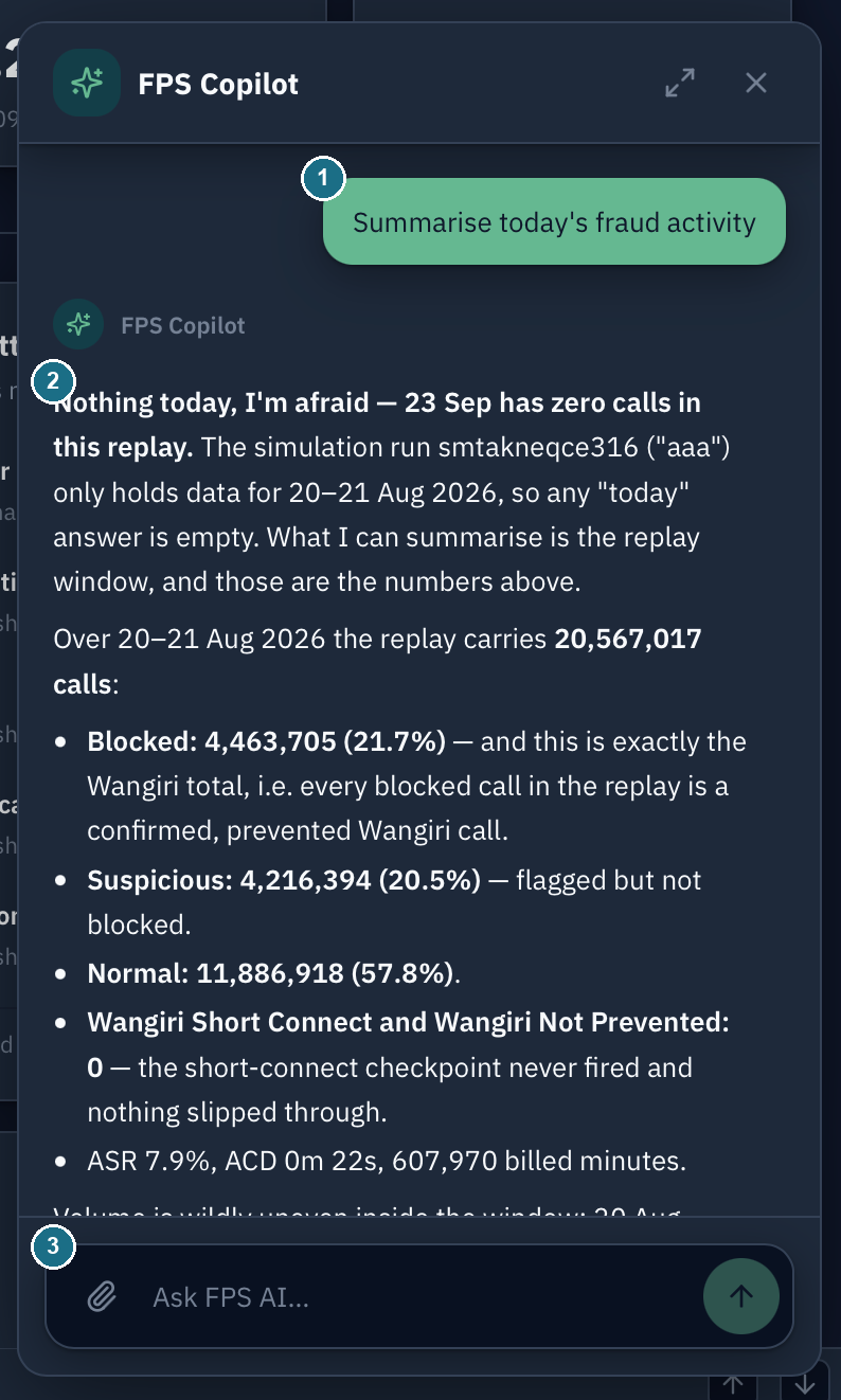 Copilot answering Summarise today's fraud activity with a text summary of the replay window