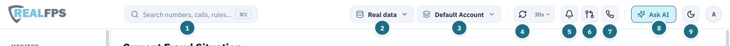 Top bar with search, data source and account switchers, auto-reload, alerts, change requests, softphone, Ask AI and theme toggle