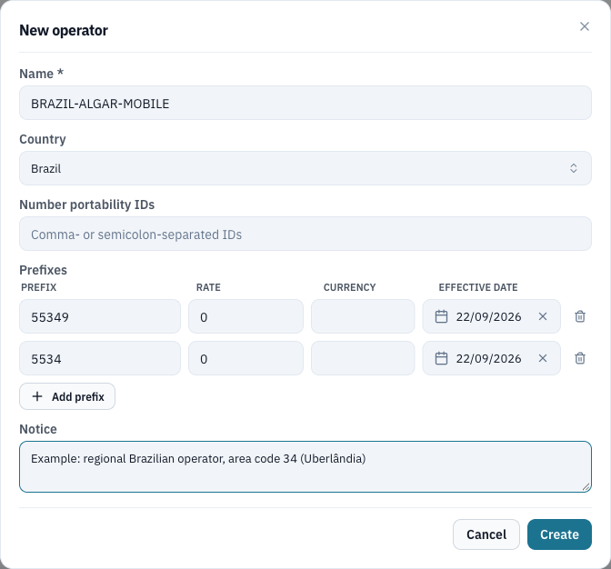 New operator dialog with BRAZIL-ALGAR-MOBILE, country Brazil and two prefixes