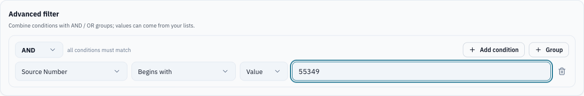 Advanced filter with condition Source Number begins with 55349