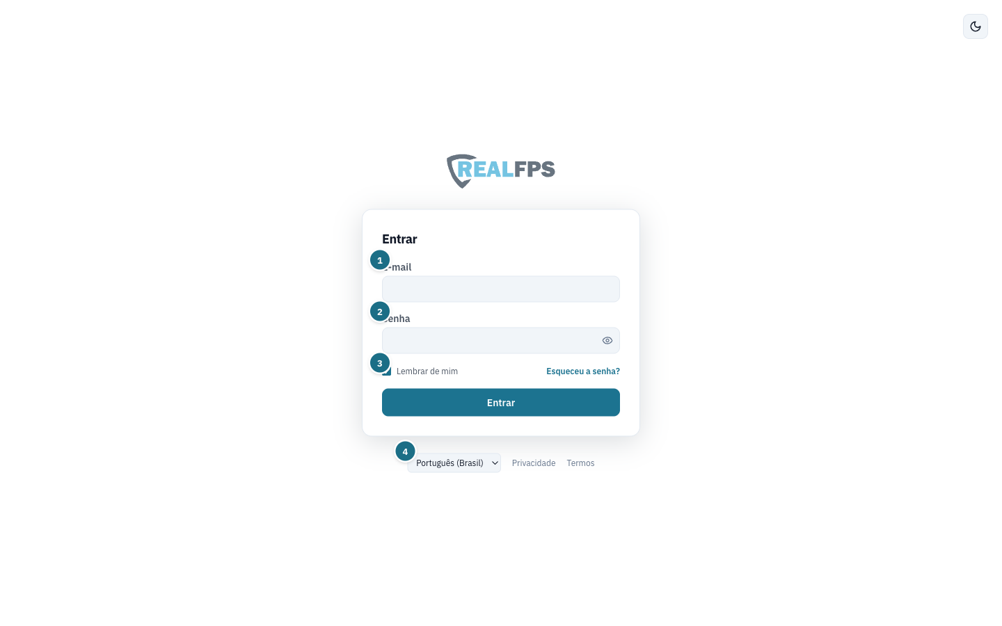 Tela de login do RealFPS com e-mail, senha, lembrar de mim e seletor de idioma