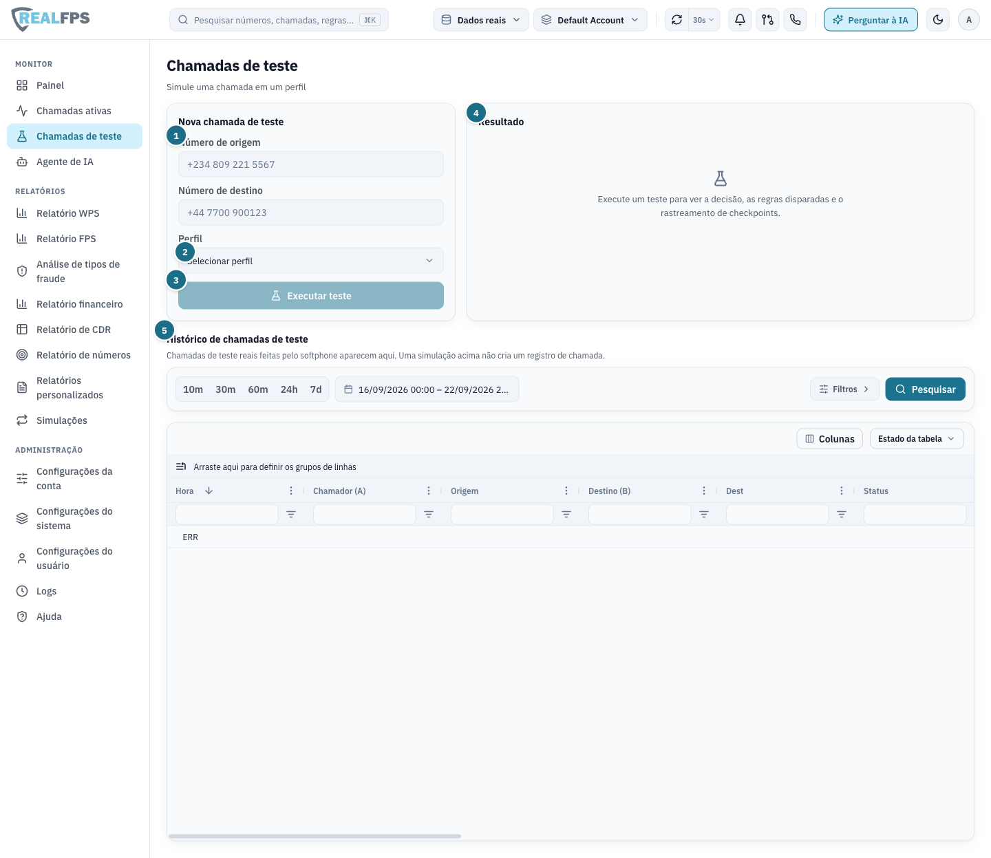 Tela de Chamadas de teste com origem, destino, seletor de perfil, botão Executar teste, painel de resultado e histórico de chamadas de teste