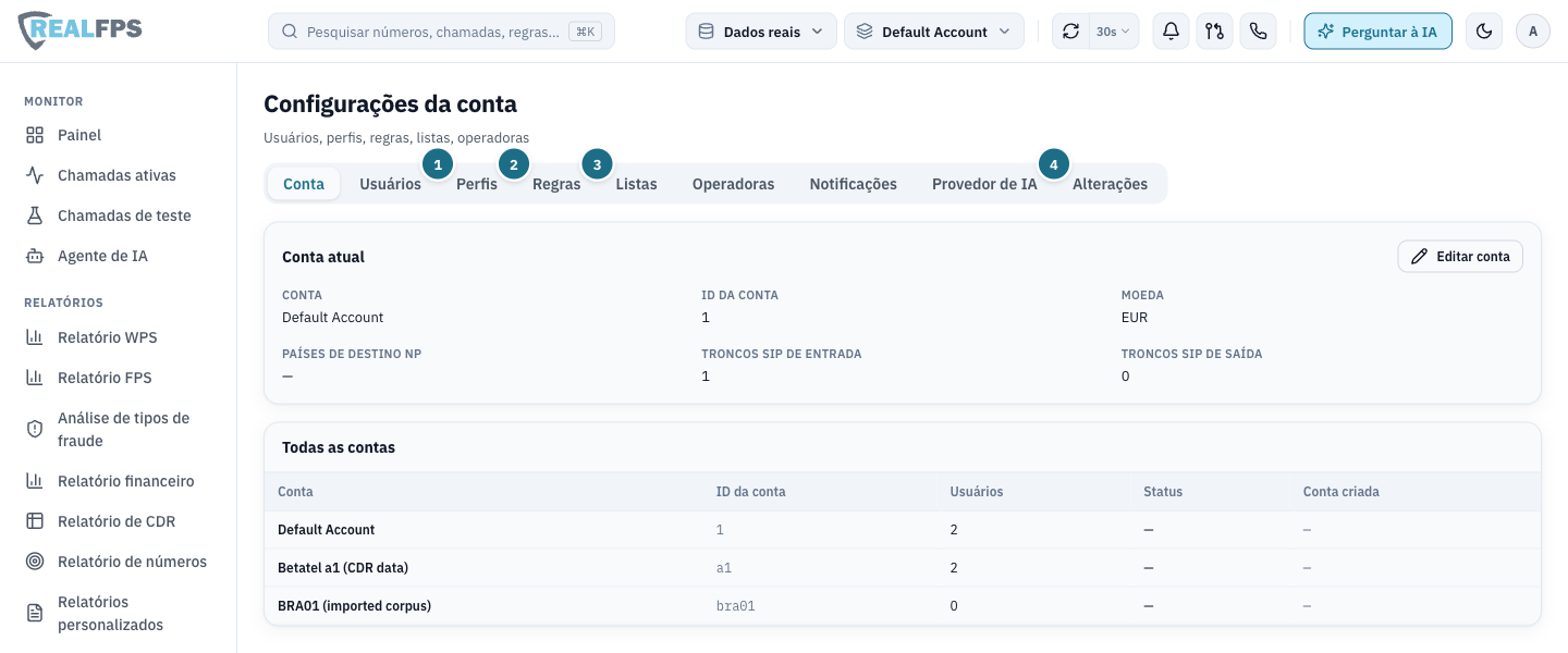 Configurações da conta com a aba Conta selecionada e a lista de contas