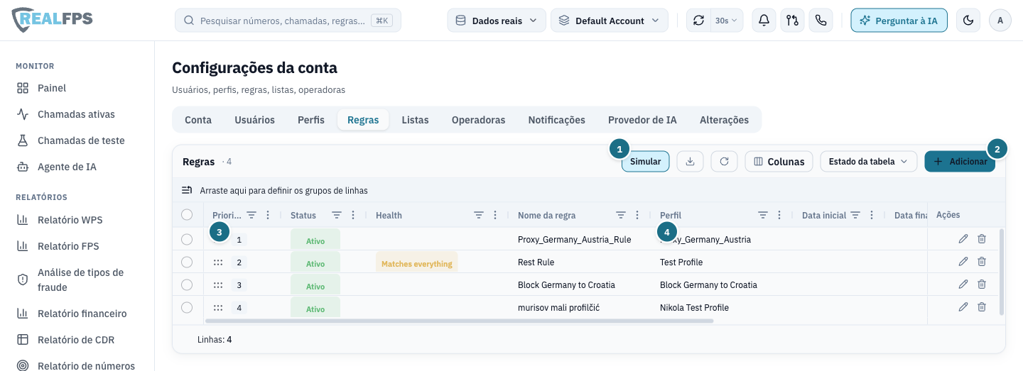 Aba Regras listando três regras com prioridade, status, nome, perfil e datas, além de um botão Simular