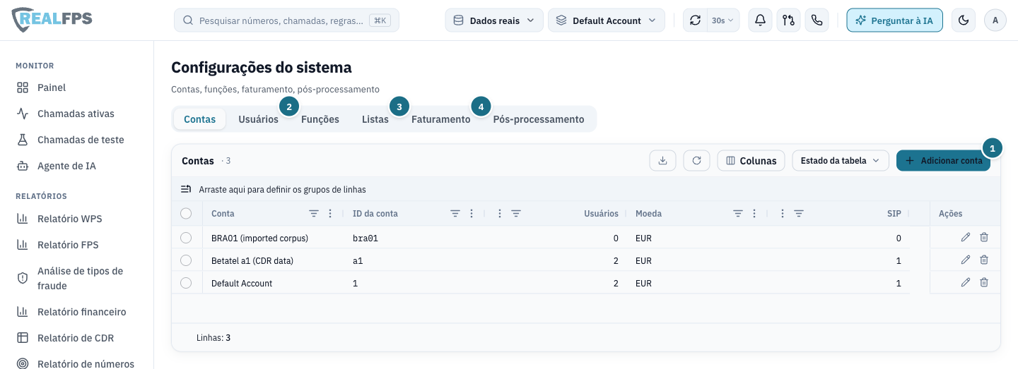 Configurações do sistema com a aba Contas listando três contas com ID, usuários, moeda e SIP