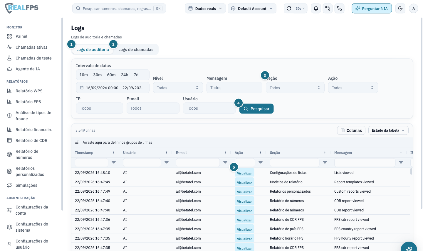 Tela de Logs com a aba Logs de auditoria, painel de filtros e uma grade de ações de usuário com carimbo de data e hora