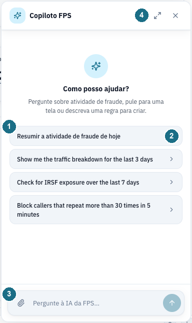 Painel do Copiloto FPS com quatro perguntas sugeridas e o campo Pergunte à IA da FPS