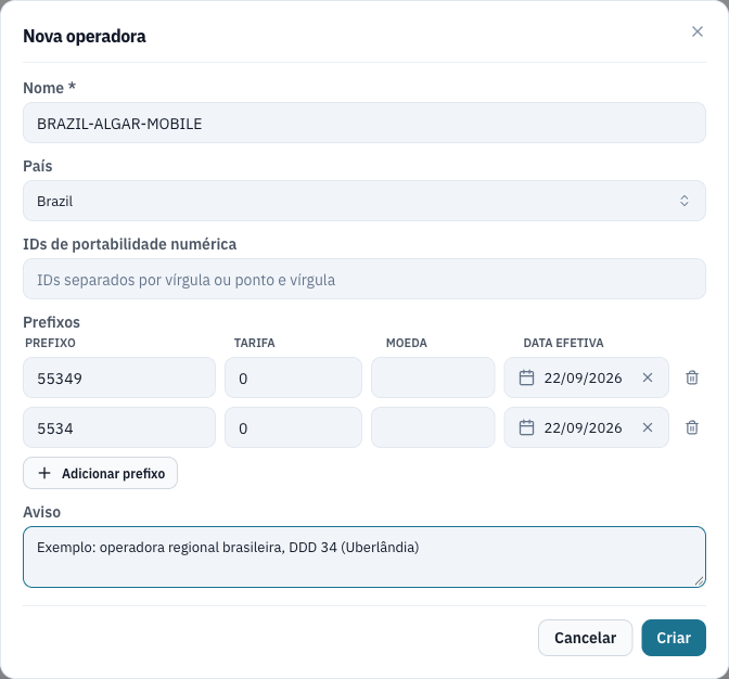 Caixa de diálogo de nova operadora com BRAZIL-ALGAR-MOBILE, país Brazil e dois prefixos