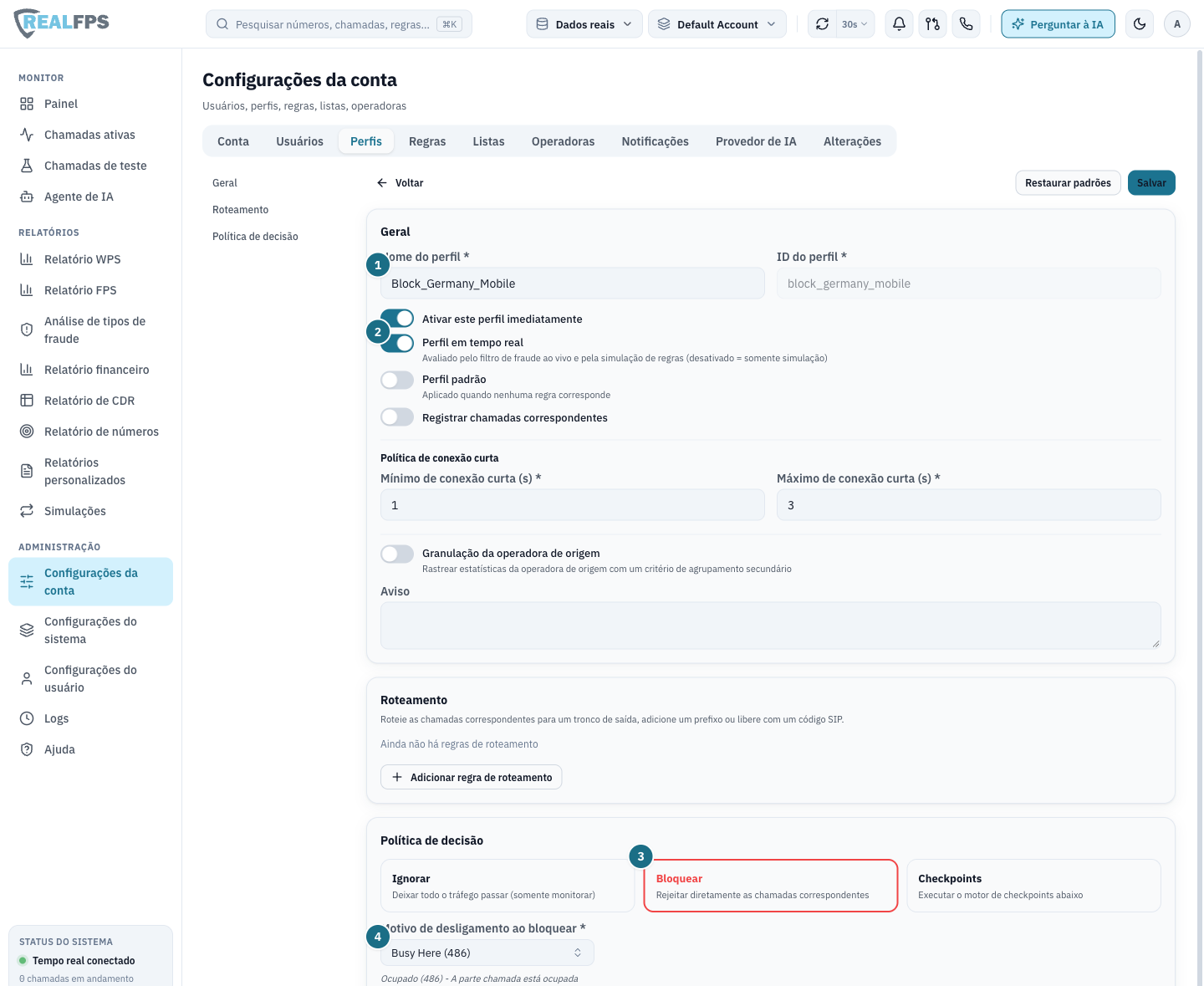 Perfil Block_Germany_Mobile com decisão Bloquear e motivo de desligamento 486