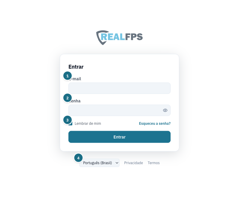 Cartão de login com e-mail, senha, lembrar de mim e o seletor de idioma