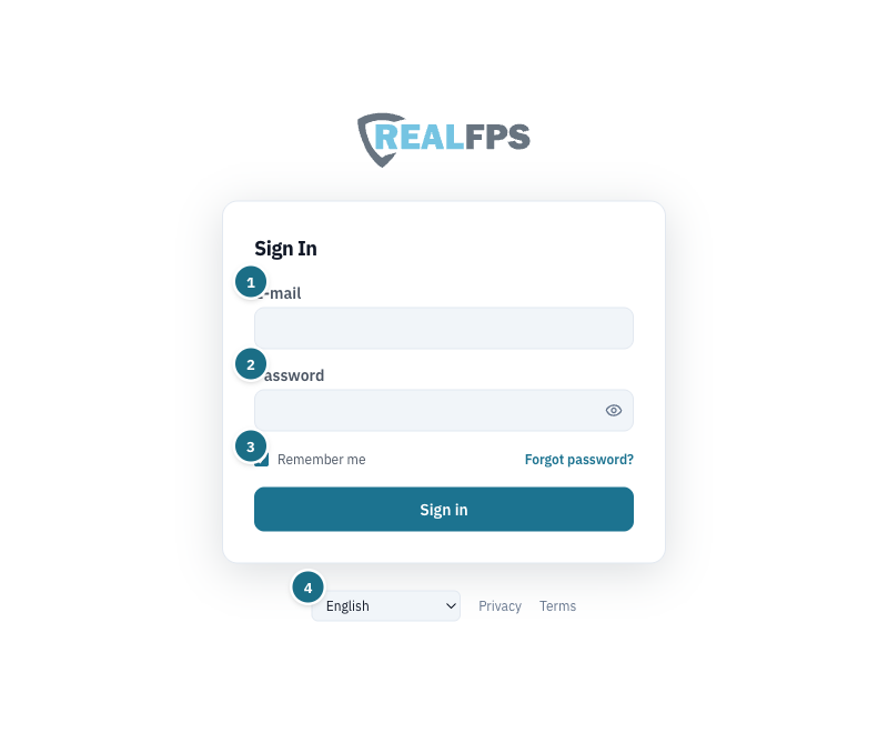 Sign-in card with e-mail, password, remember me and the language selector