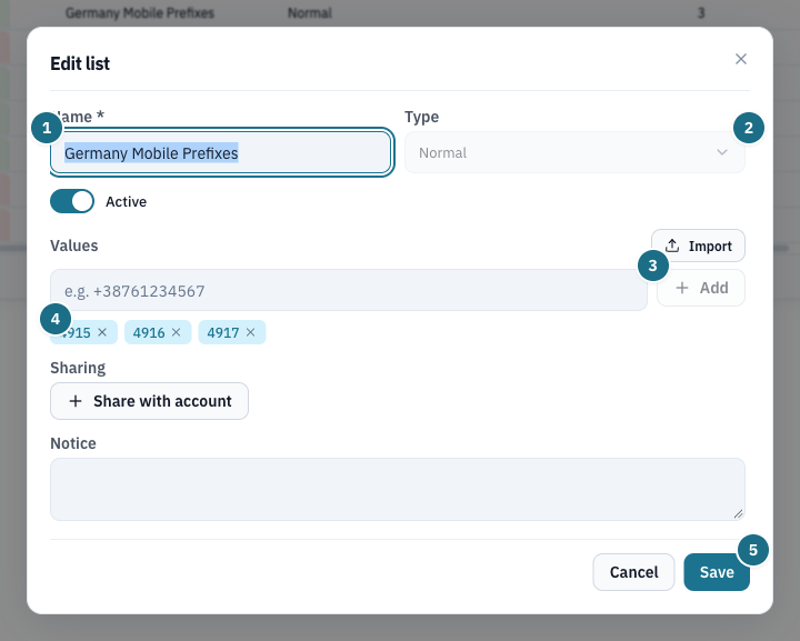 List dialog with name, type, values and three prefixes