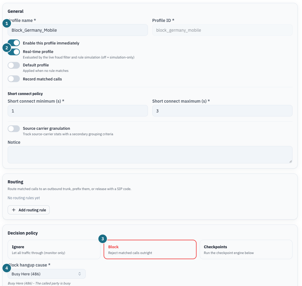 Profile form with name, enable toggles and decision policy Block with hangup cause 486