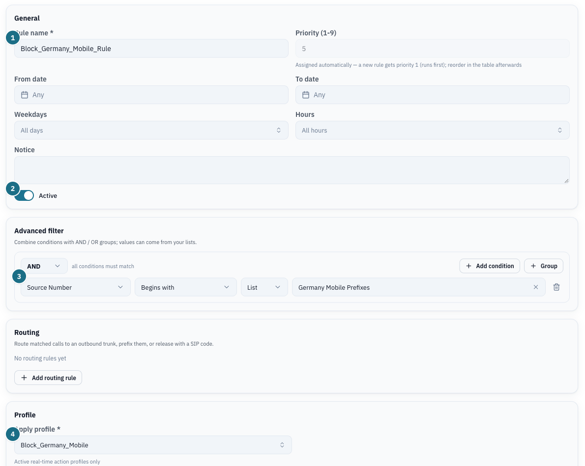 Rule form with name, active toggle, one list-based condition and the applied profile