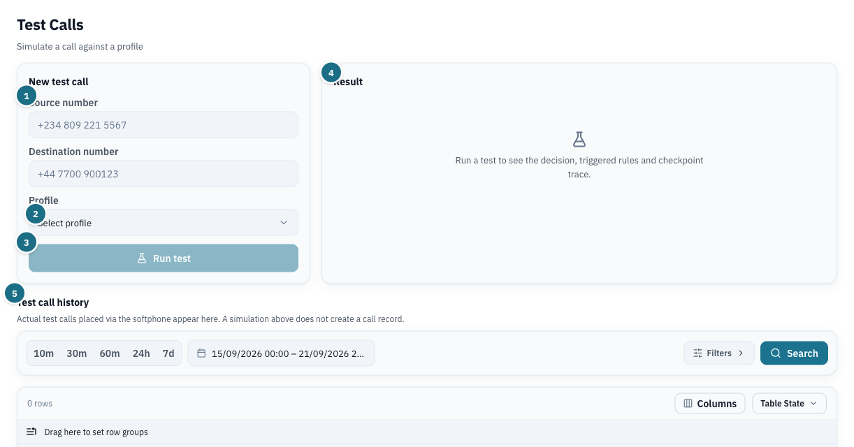 Test Calls form with source number, destination number, profile and Run test